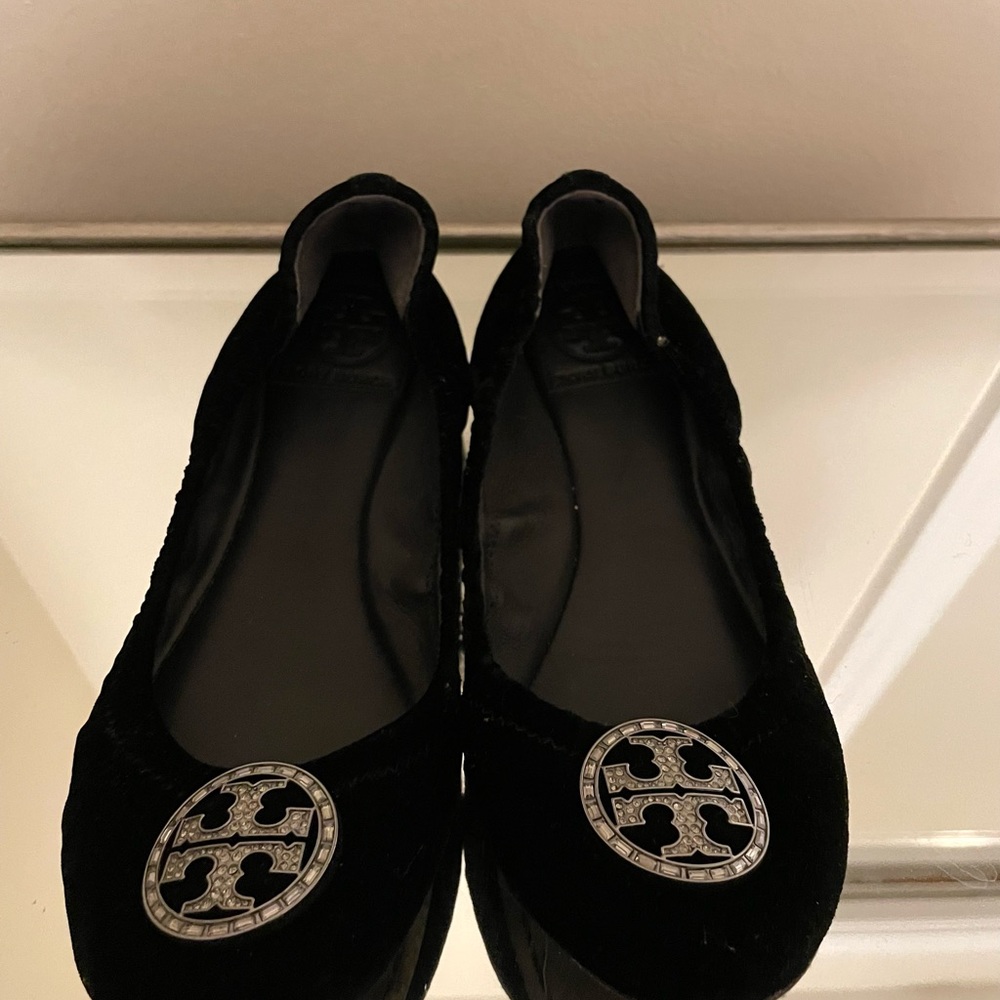 Tory Burch black velvet flats with crystal embellishments